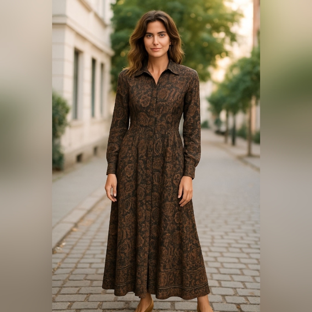 RARE Free People Floral Paisley Maxi Dress with Gold Snap Bishop Sleeves Size XS